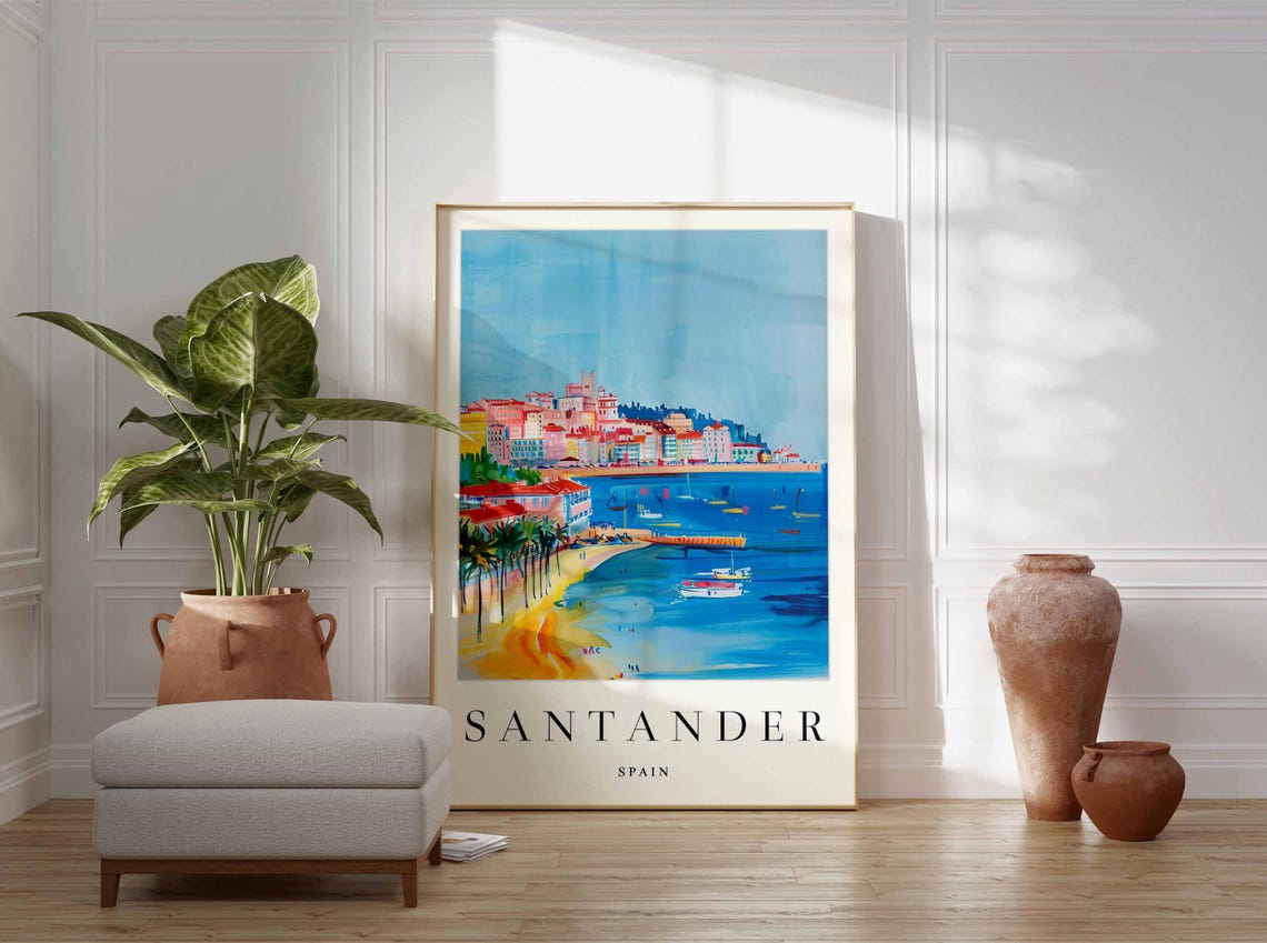 Santander Spain Palm Lined Beach and Blue Bay View Art Poster - Image 4