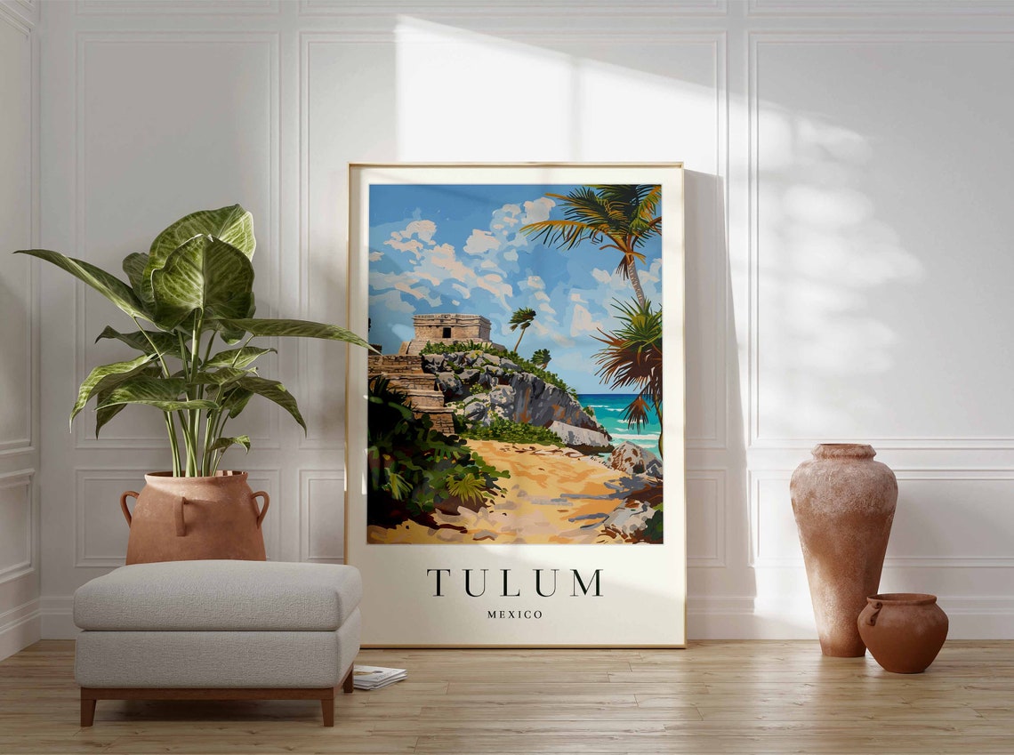 Tulum Mexico Mayan Ruins Clifftop Palms Beach Caribbean Travel Poster - Image 3