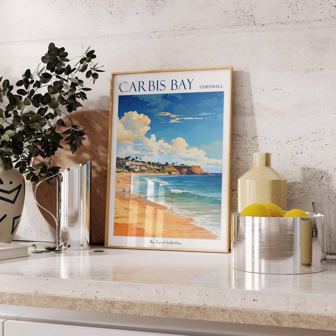 Carbis Bay Cornwall Golden Beach Cliffs Surf Waves Summer Sky Travel Poster - Image 3