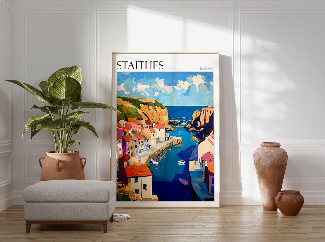 Staithes England Dramatic Coastal Cliffs and Busy Fishing Harbor Poster - Image 2