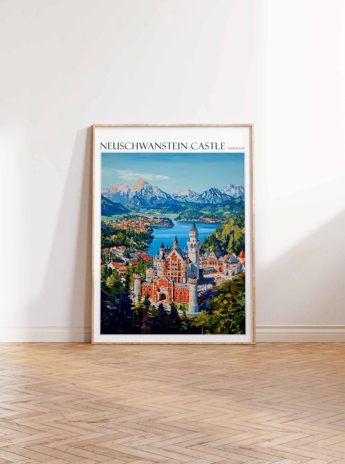 Neuschwanstein Castle Panoramic Lake Village Hills View Poster - Image 2