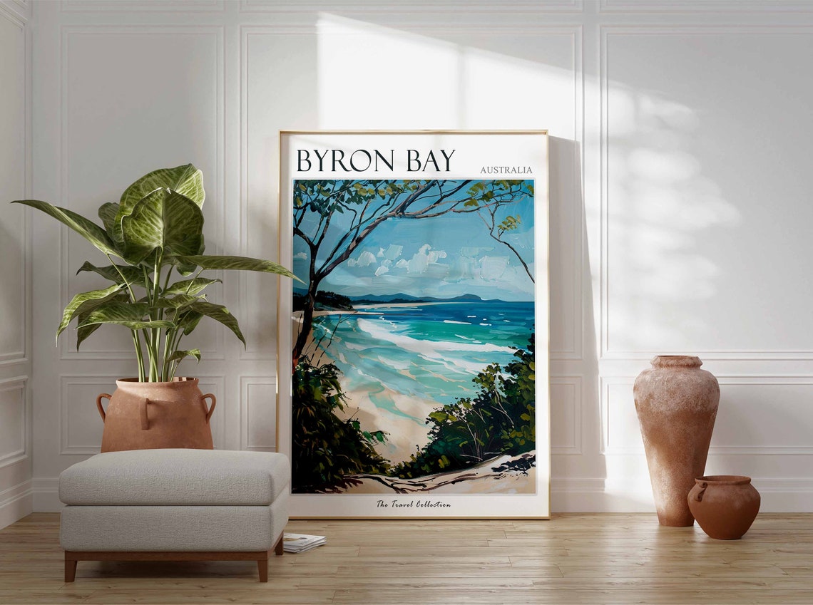 Byron Bay Australia Turquoise Beach Travel Poster with Coastal Trees - Image 2
