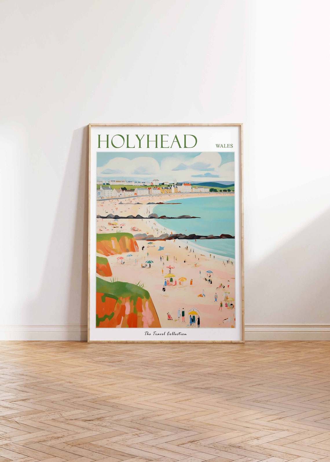 Holyhead Wales Cliffs Umbrellas Beach Day Seaside Scene Poster - Image 2