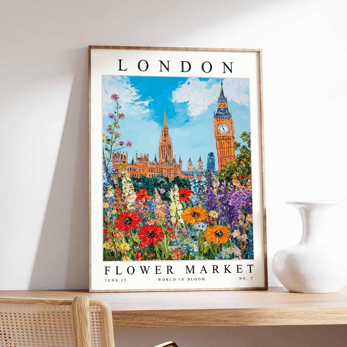 London Big Ben Flower Market Impasto Poppy Bloom Vintage Art Poster