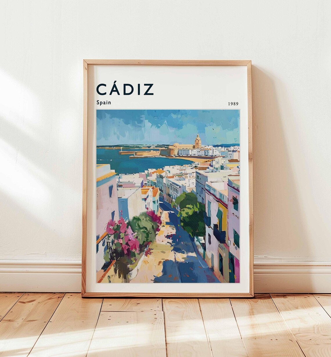 Cadiz Spain 1989 Travel Poster with Colorful Coastal Street Scene