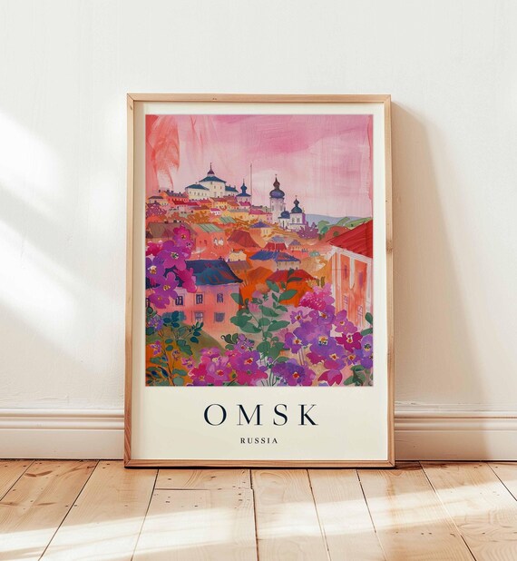 Omsk Russia Cityscape Under Pink Sky With Purple Flowers Poster
