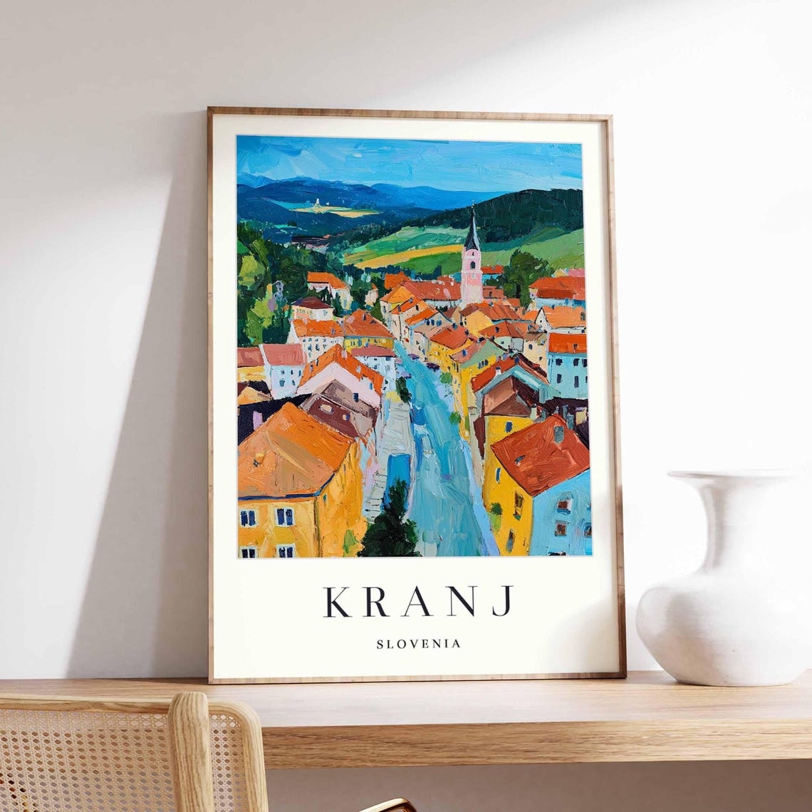 Kranj Slovenia Aerial Old Town River Mountains Painting Poster