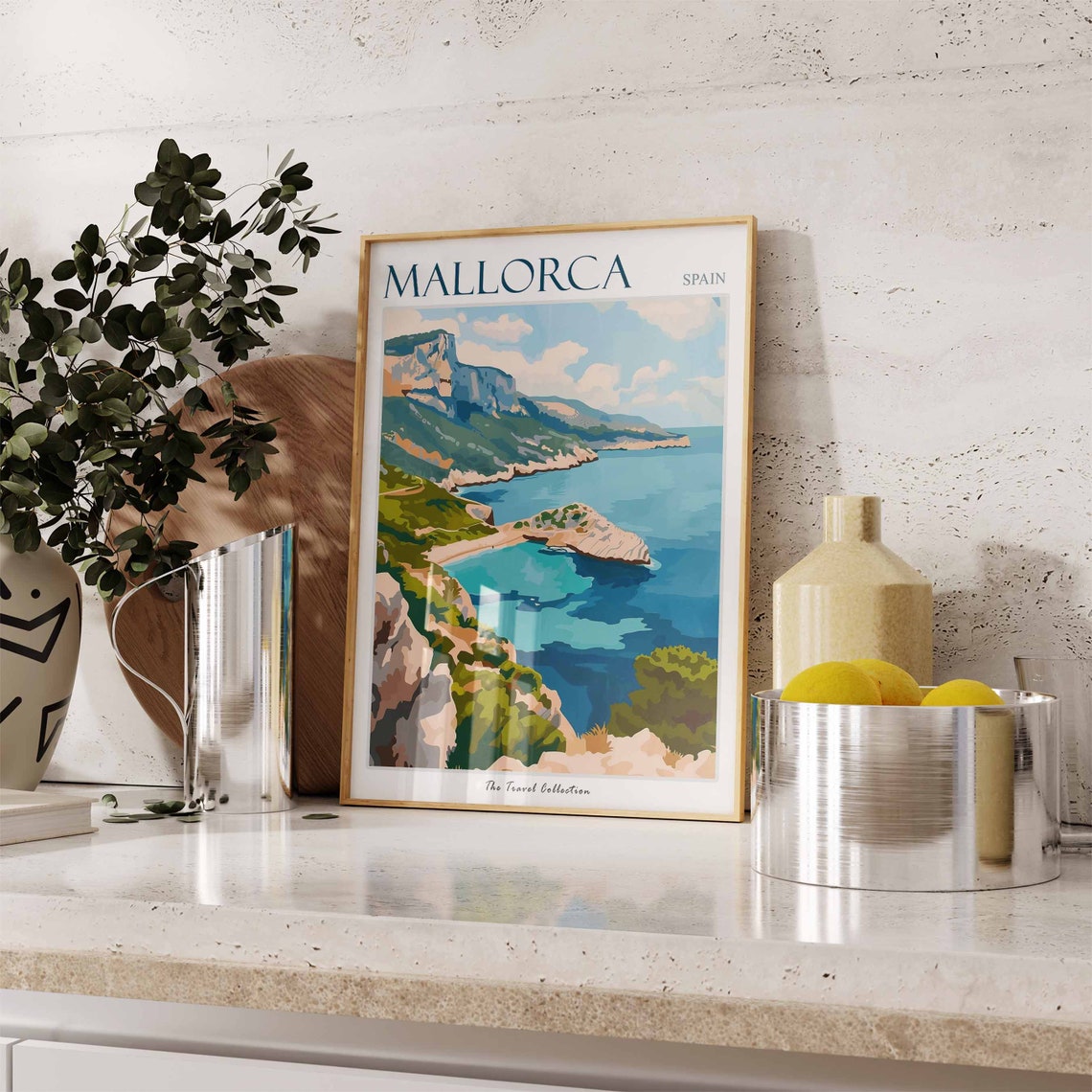 Mallorca Spain Turquoise Cove Rocky Coastline Colorful Art Poster - Image 2