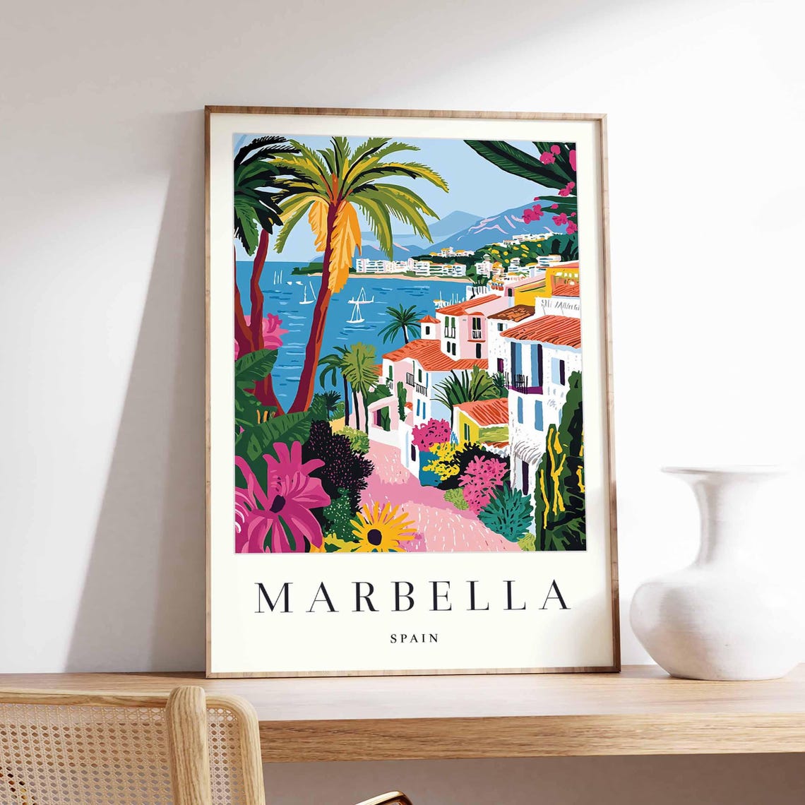 Marbella Spain Palm Trees Flowers Sea View Town Vivid Art Poster