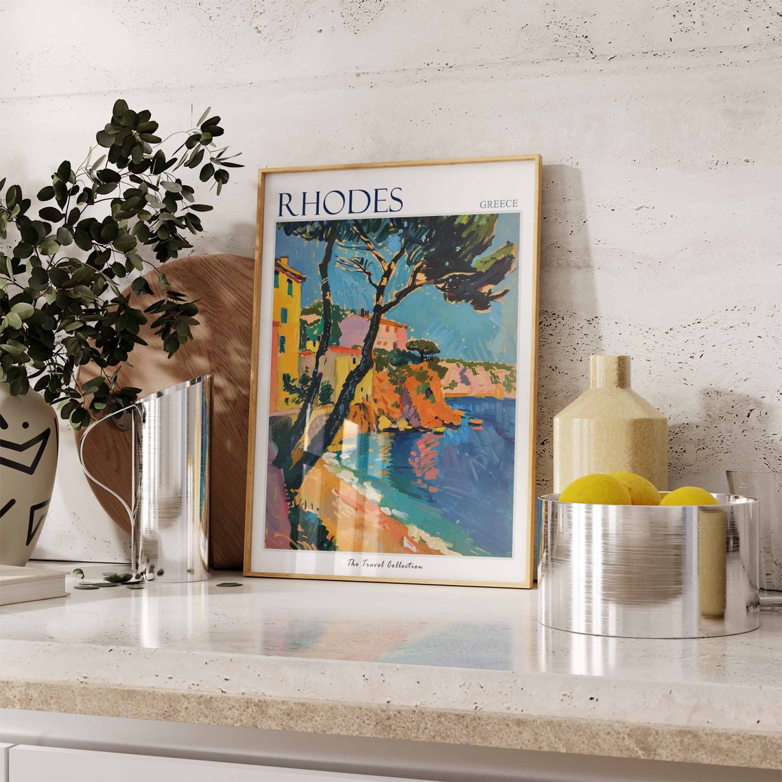 Rhodes Greece Beautiful Sunlit Cove With Pine Trees Travel Poster - Image 2