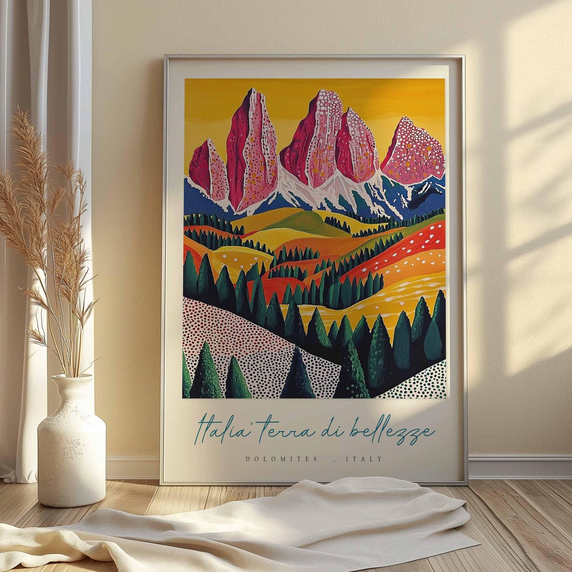 Dolomites Italy Pop Art Travel Poster Bold Pink Peaks Yellow Sky Pines - Image 2
