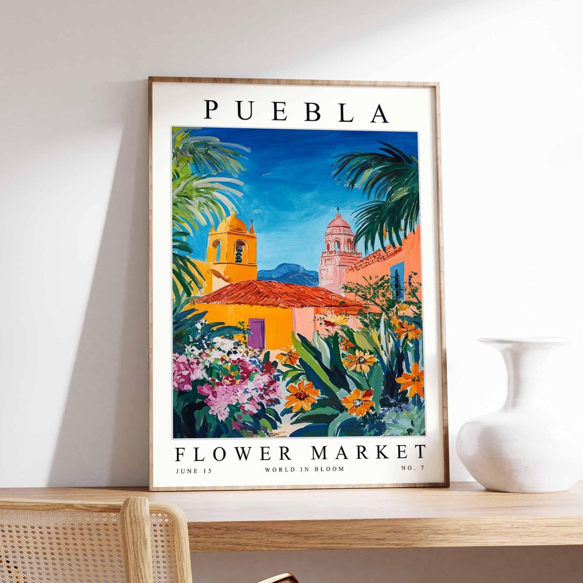 Puebla Twin Bell Towers Courtyard Marigold Garden Travel Poster