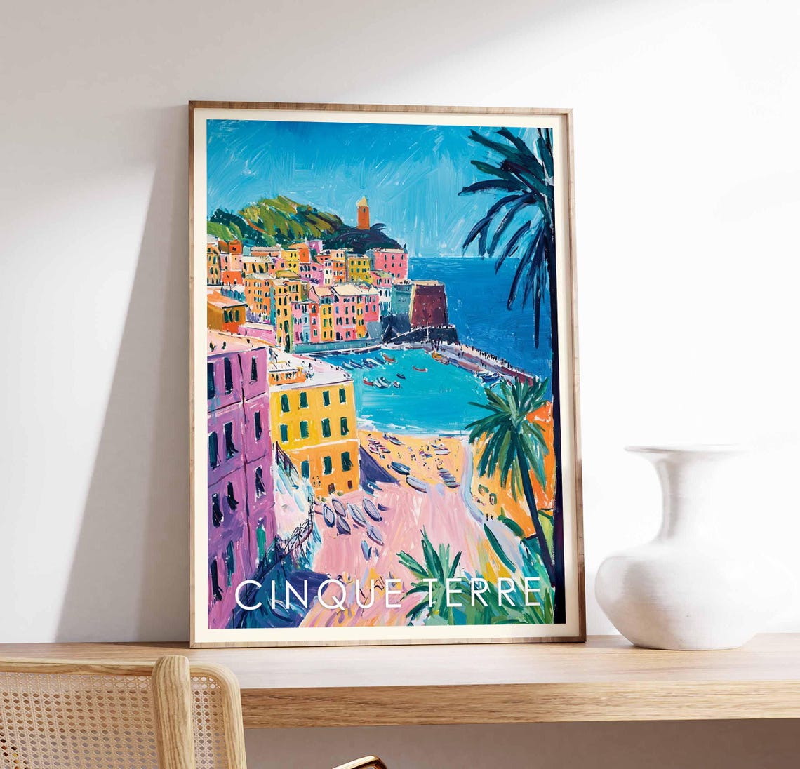 Cinque Terre Seaside Harbor Beach Boats Sunny Coast Scene Poster