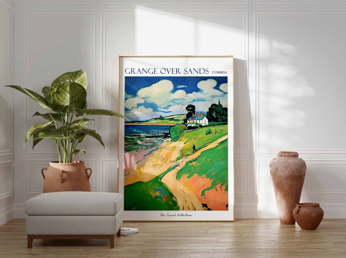 Grange Over Sands Cumbria Bold Coastal Path Cottage Art Poster - Image 3