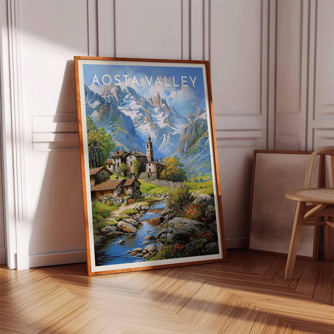 Aosta Valley Italy Summer Village Stream Church Tower Poster - Image 2