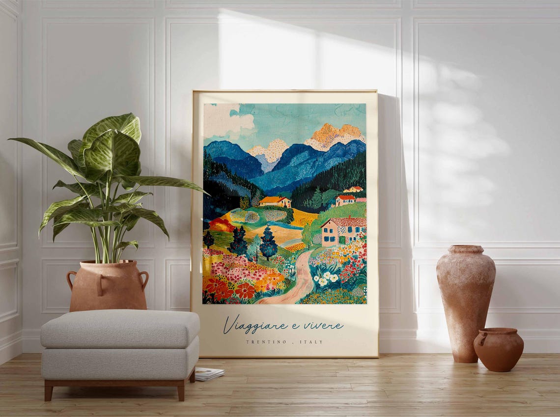 Trentino Italy Wildflower Valley Painting Chalets Path Poster - Image 3