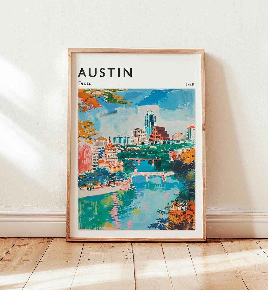 Austin Texas 1989 Capitol Dome Skyline River Bridges Vintage Art Poster