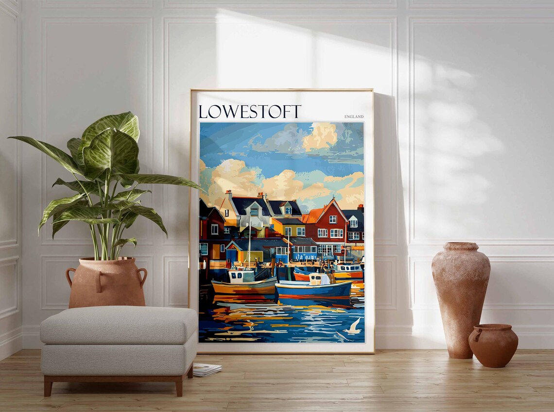 Lowestoft England Golden Hour Fishing Boats Harbor Houses Poster - Image 3