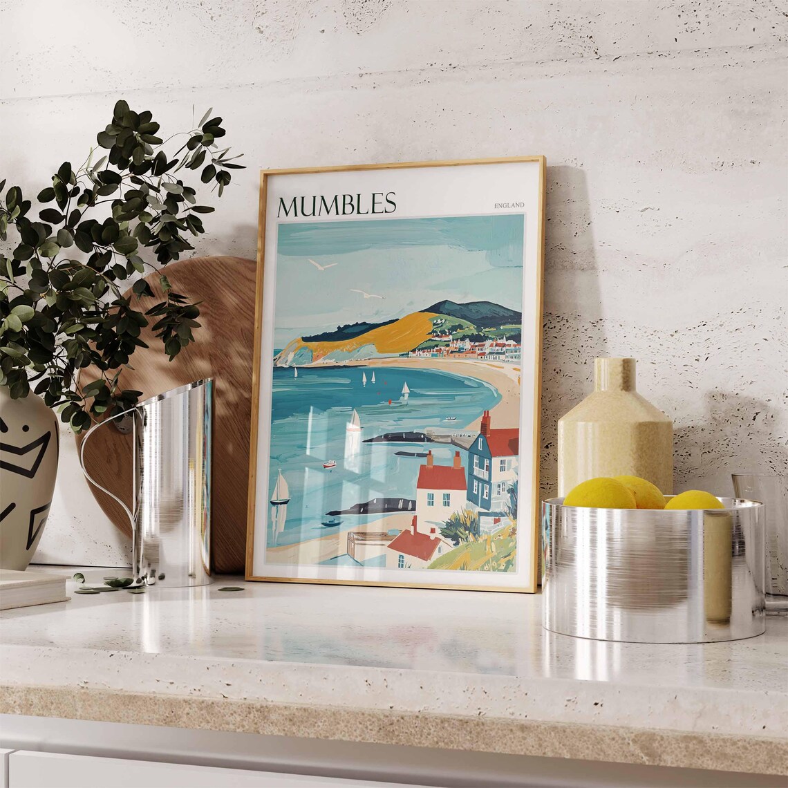 Mumbles Golden Headland Beach Sailboats England Travel Poster - Image 2