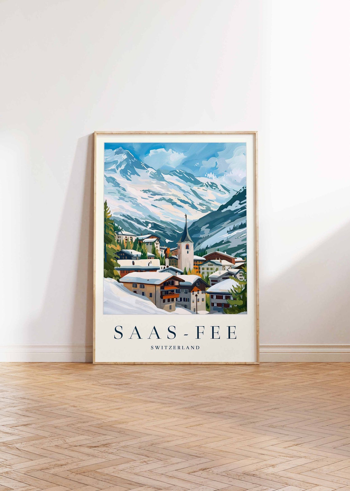 Saas Fee Switzerland Church Spire Snowy Village Alpine Mountain Poster - Image 2