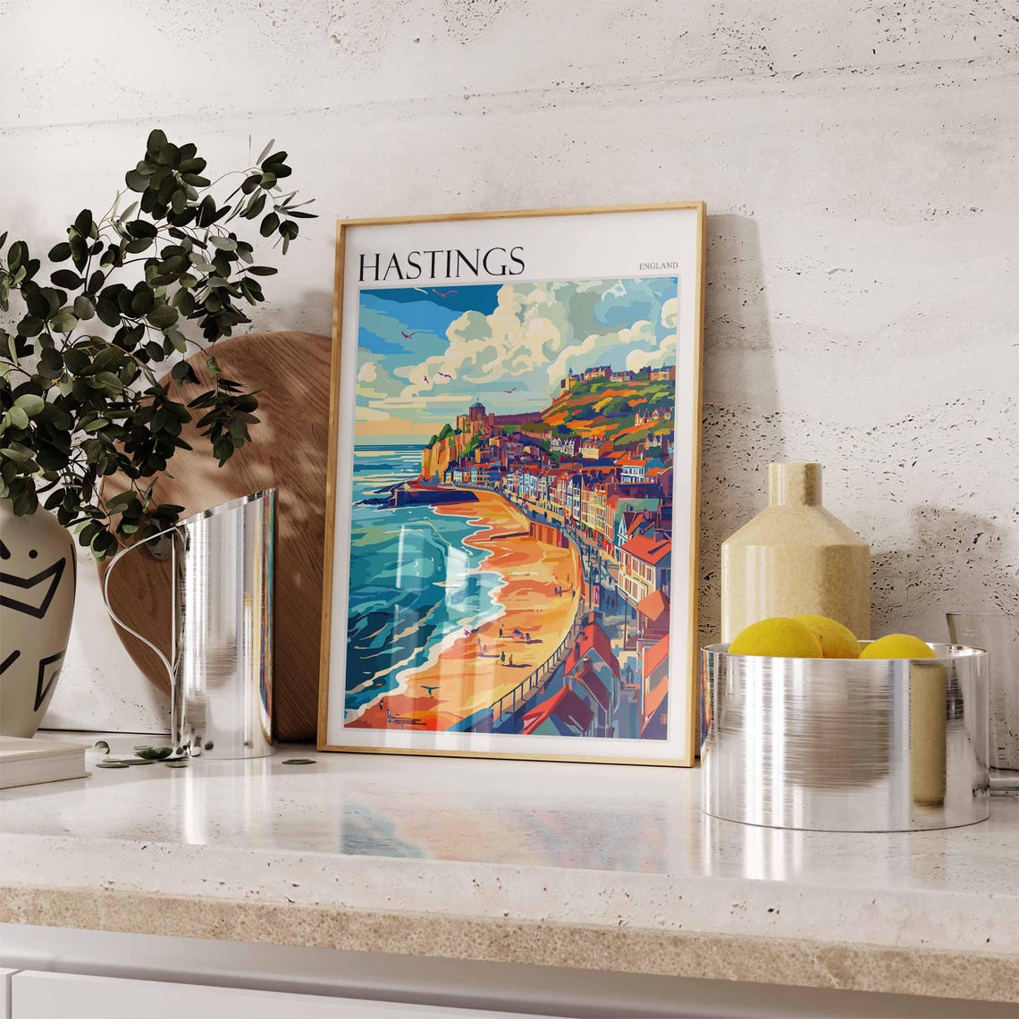 Hastings Sunset Beach Seagulls Colorful Old Town Seaside Travel Poster - Image 2