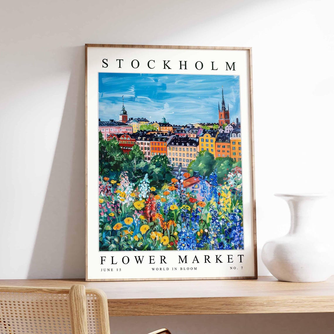 Stockholm Flower Market Rooftops Spires Blue Delphinium Meadow Poster