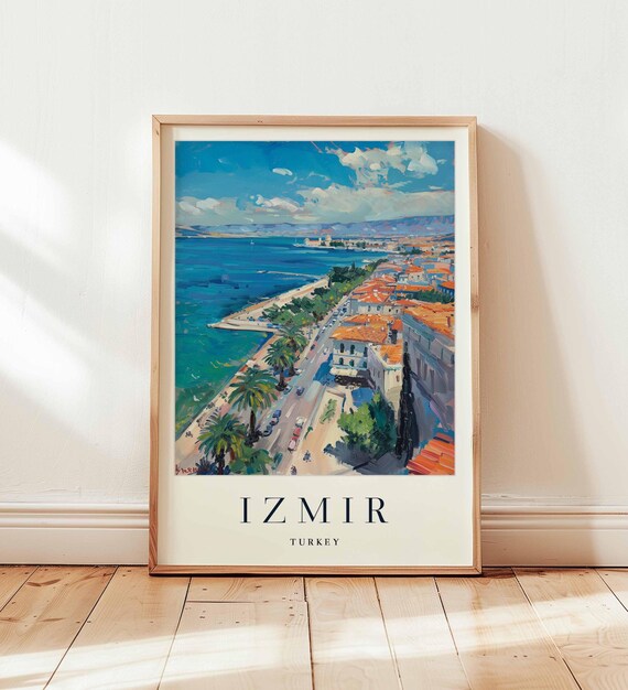 Izmir Turkey Aegean Coast Travel Poster With Terracotta Rooftops