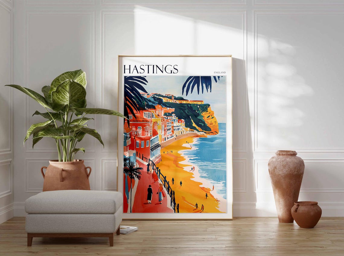Hastings England Red Promenade Orange Rooftops Golden Beach Poster - Image 3