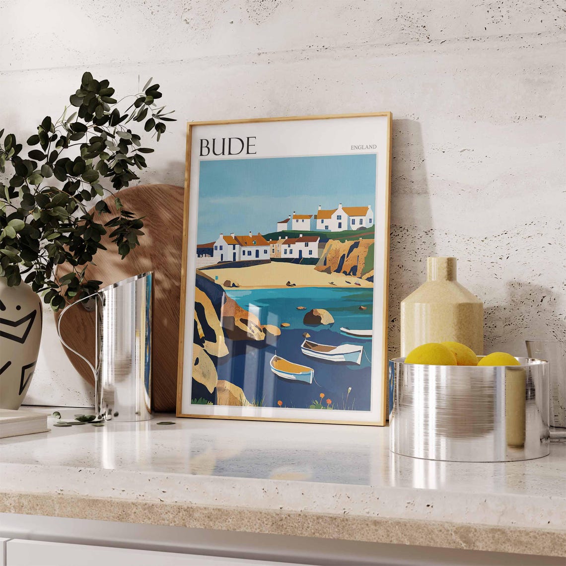 Bude Cornwall England Rocky Cove Rowboats and Clifftop Cottages Poster - Image 2