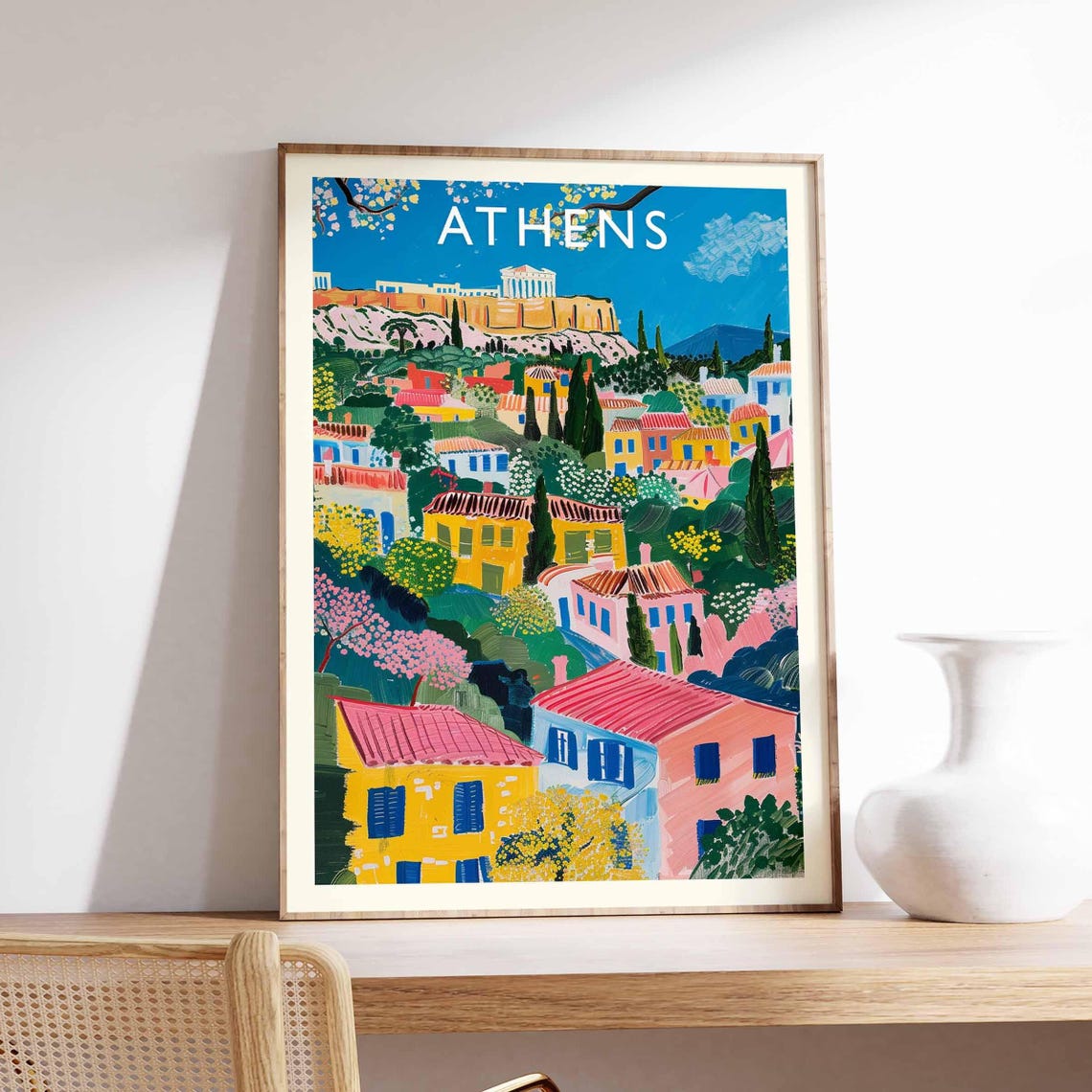 Athens Vibrant Naive Acropolis Cityscape Greece Travel Poster