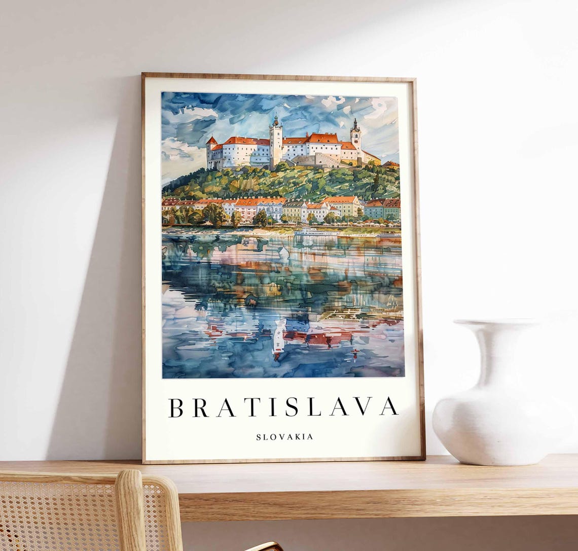 Bratislava Castle Danube Reflection Watercolor Landscape Poster