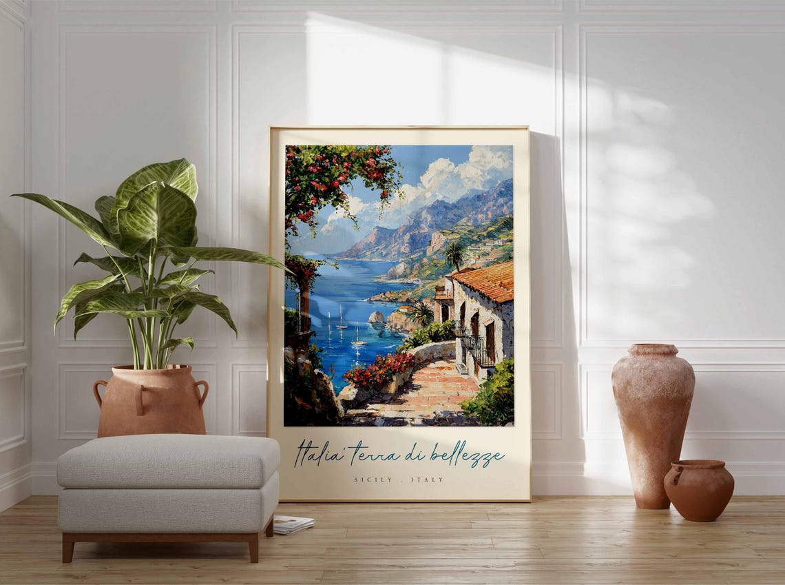 Sicily Italy Travel Poster Cliffside Villa Terrace Overlooking The Sea - Image 3
