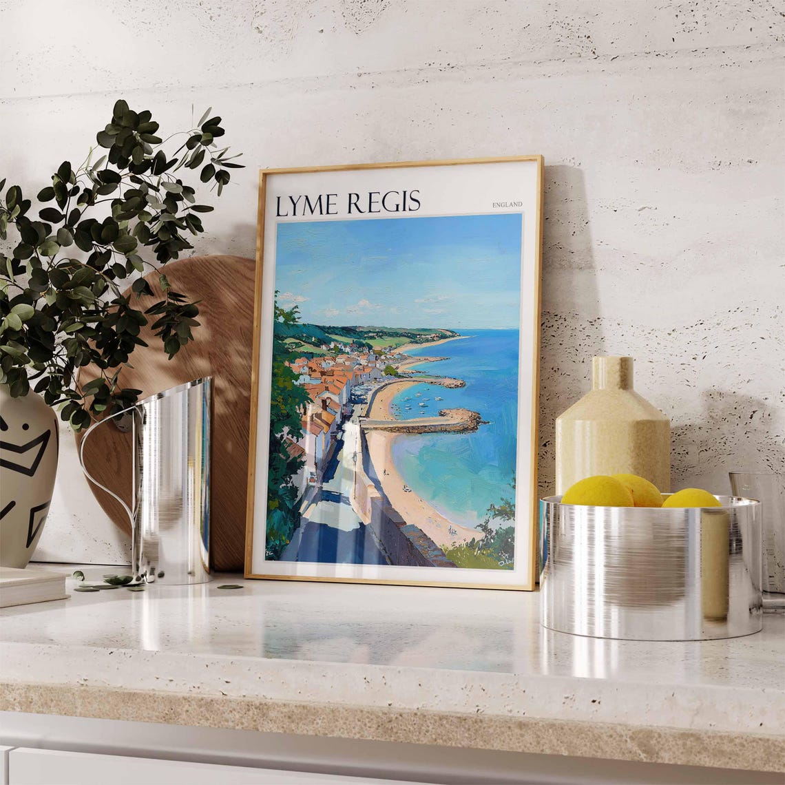 Lyme Regis England Aerial View Cobb Harbor Beach Painting Poster - Image 2