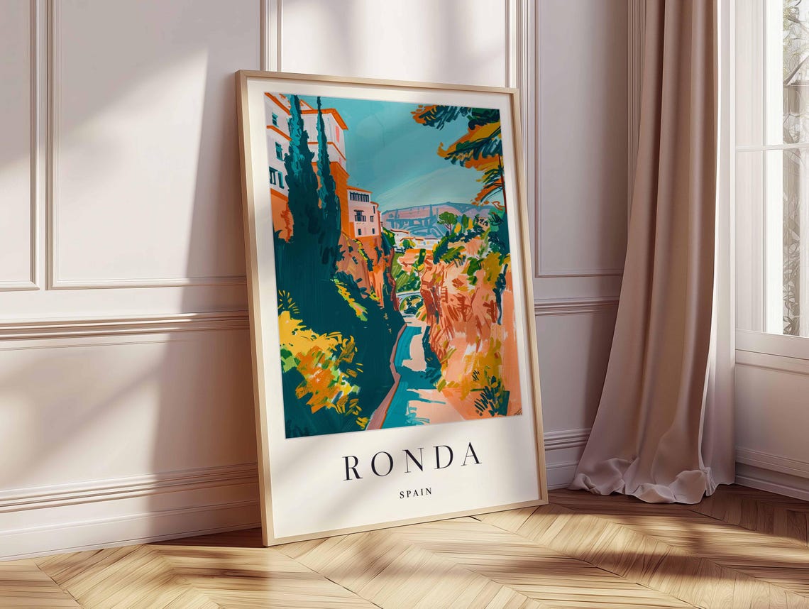 Ronda Spain Cliffside Old Town Gorge River Cypress Trees View Poster - Image 2