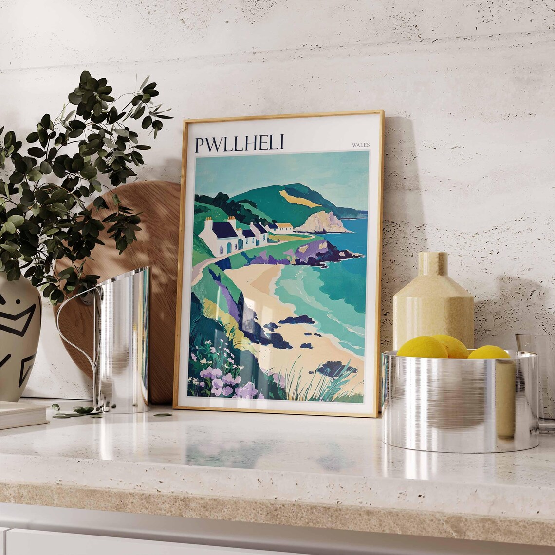Pwllheli Wales White Cottages Sandy Cove Green Cliffs Wildflowers Poster - Image 3