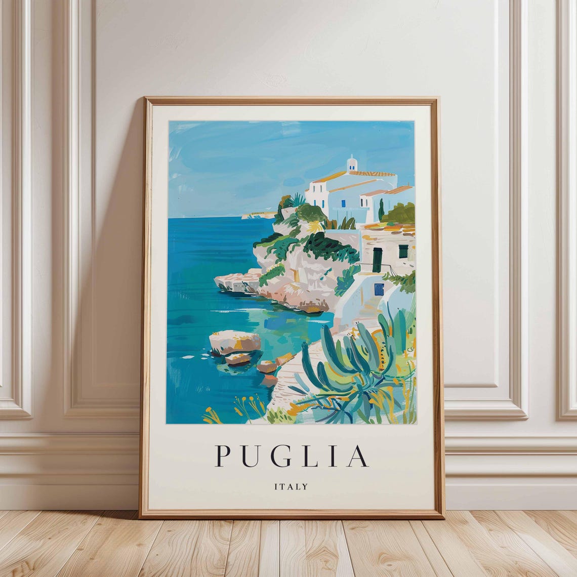 Puglia Italy Whitewashed Cliff Town White Church Turquoise Cove Poster - Image 3