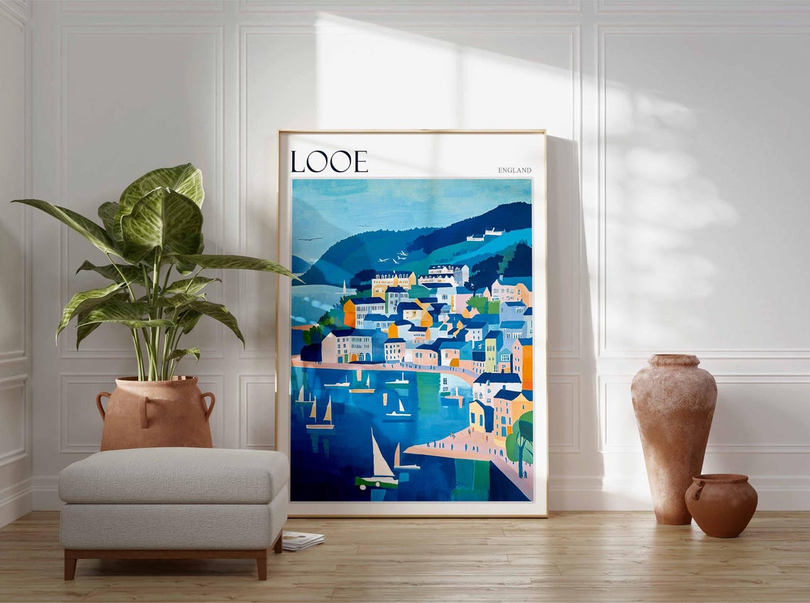 Looe England Panoramic Blue Harbor Sailboats Hillside Town Poster - Image 3