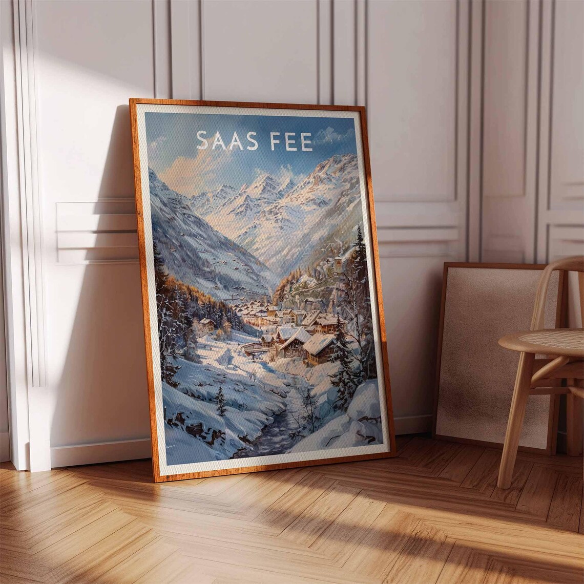 Saas Fee Switzerland Morning Valley Stream To Village Sunlit Peaks Poster - Image 3