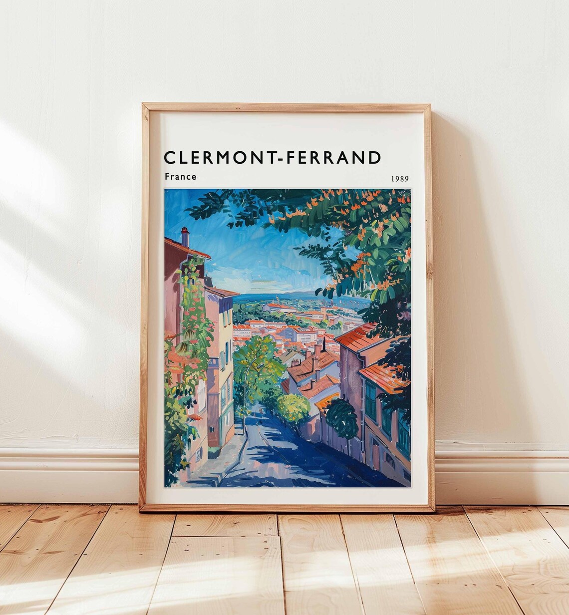 Clermont-Ferrand France 1989 Sunlit Street Watercolor Travel Poster