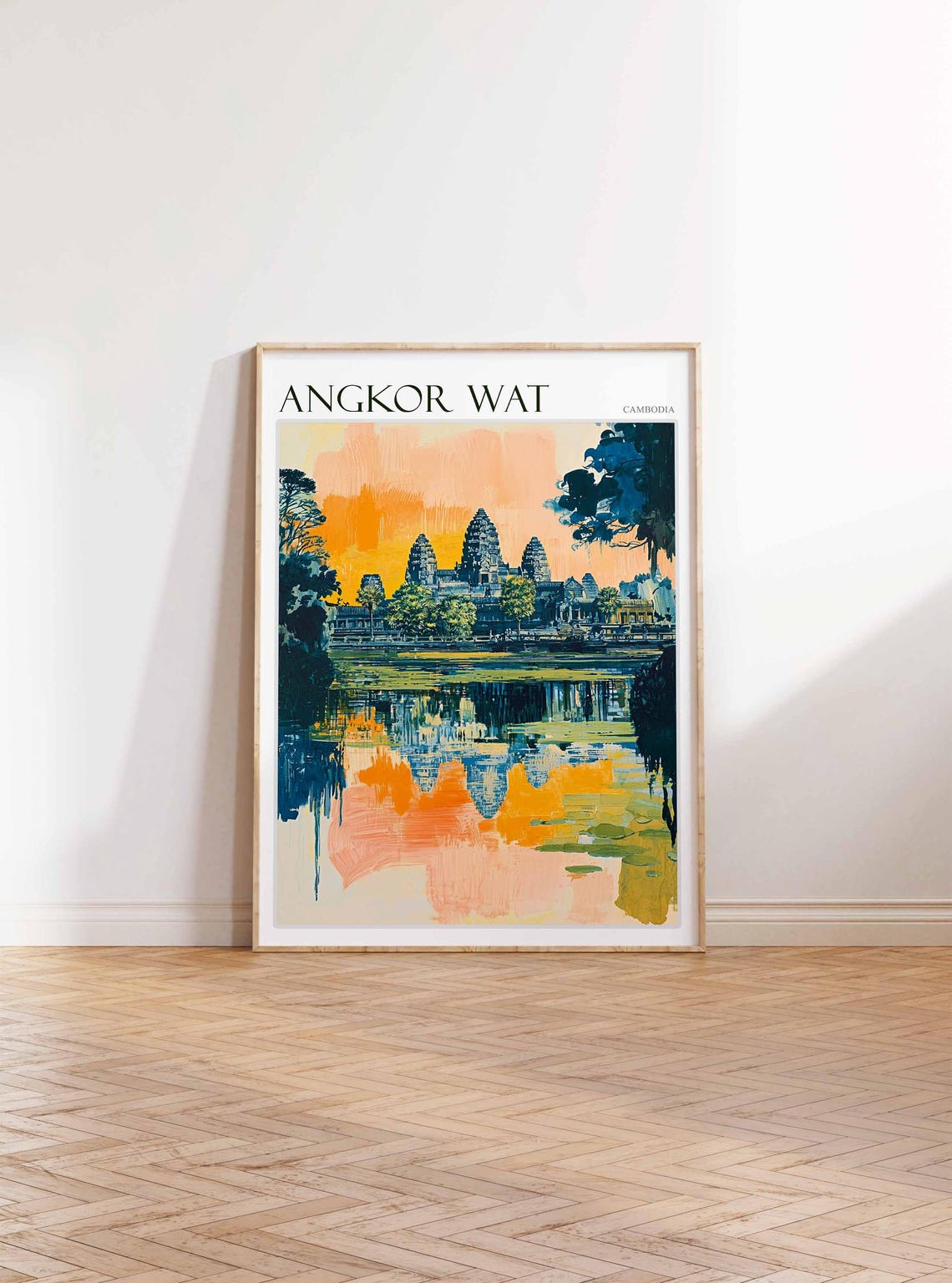 Angkor Wat Cambodia Fiery Sunset Reflection Colorful Art Poster - Image 3