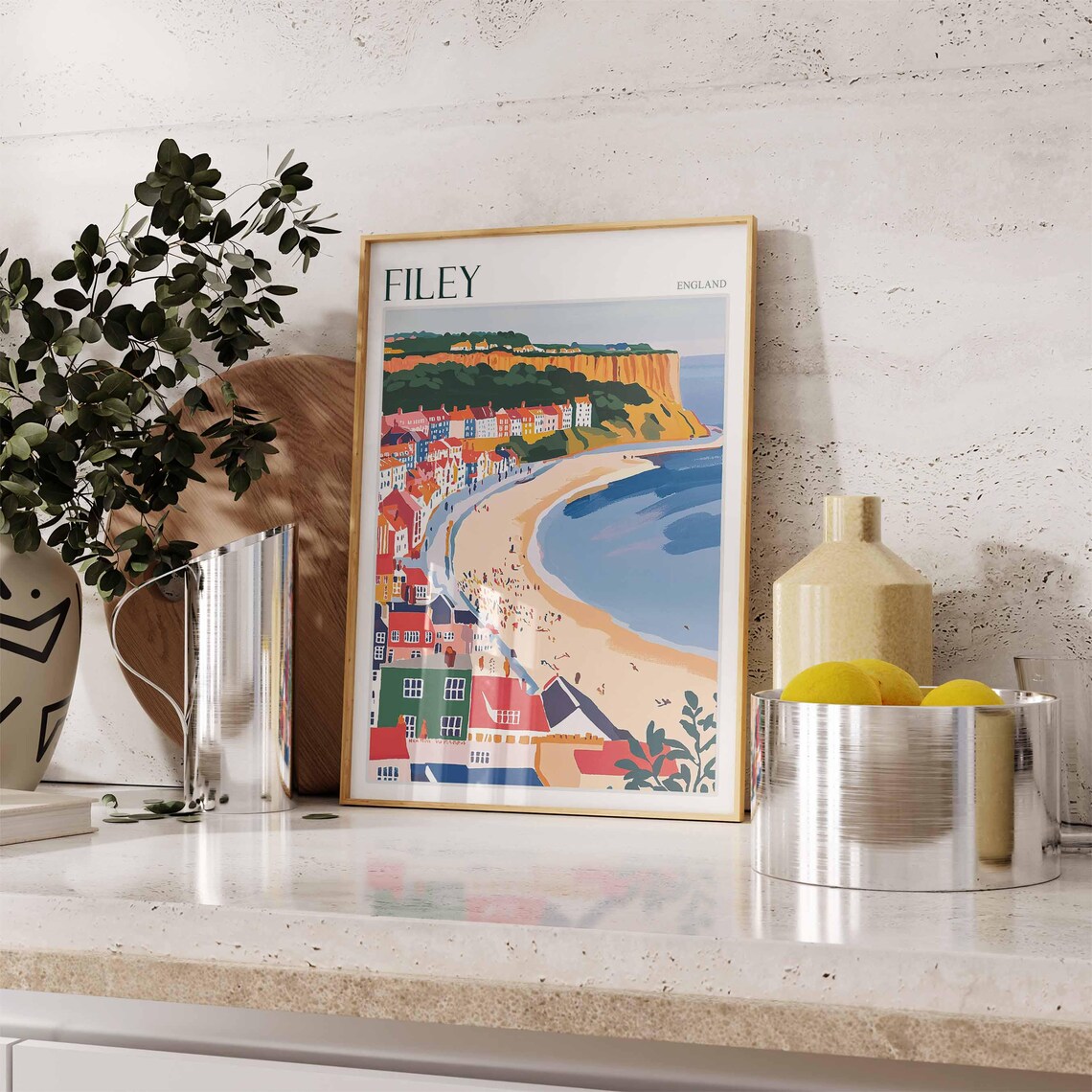 Filey England Curved Beach Terraced Town Chalk Cliffs Illustration Poster - Image 2