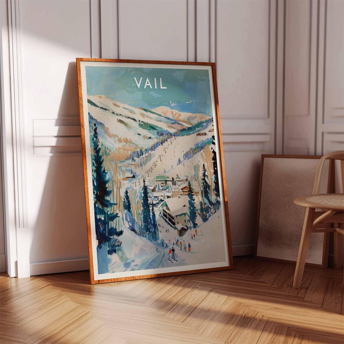 Vail Colorado Watercolor Ski Lifts Village Slopes Scene Poster - Image 3