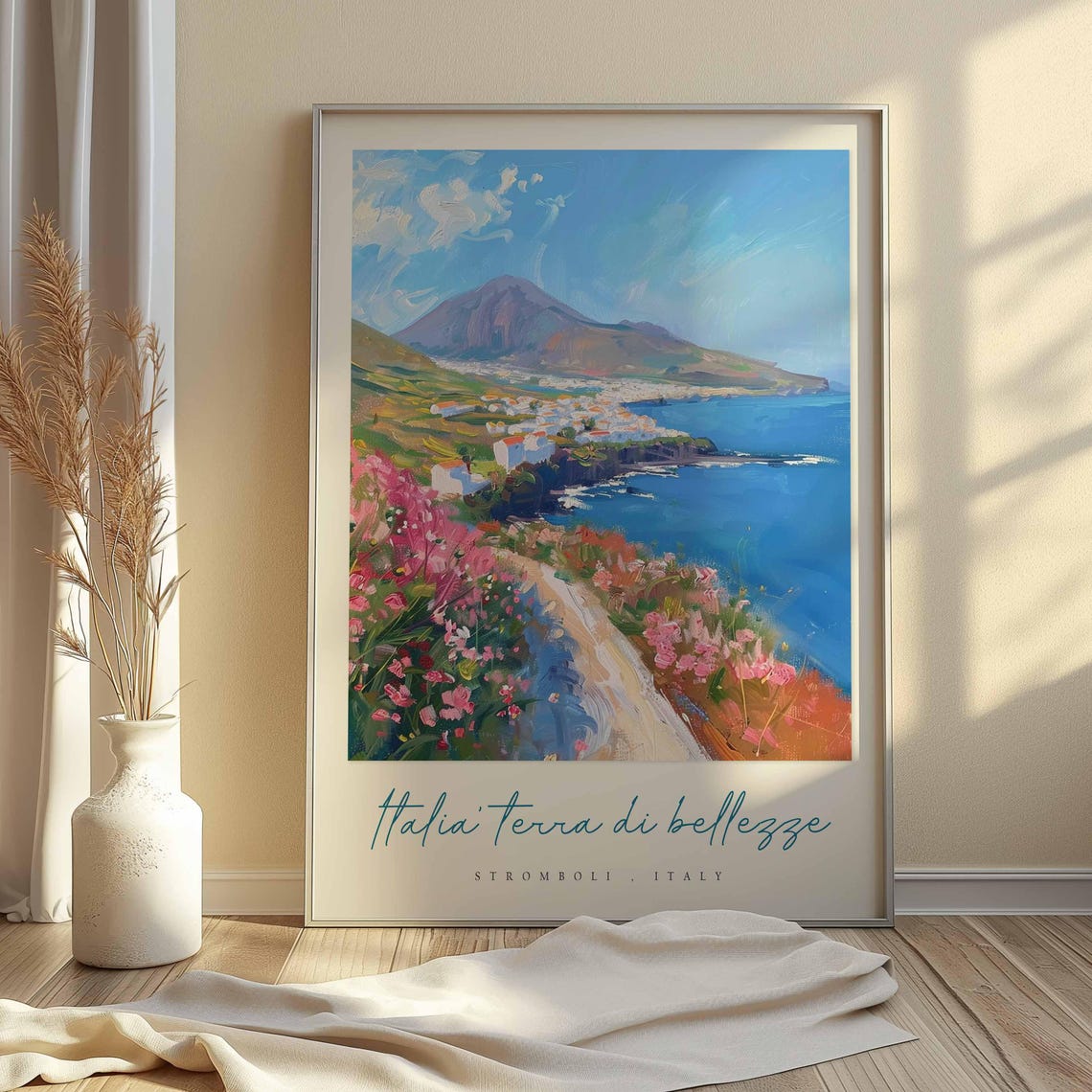 Stromboli Italy Coastal Path Poster Wildflowers Sea And Volcano Art - Image 2