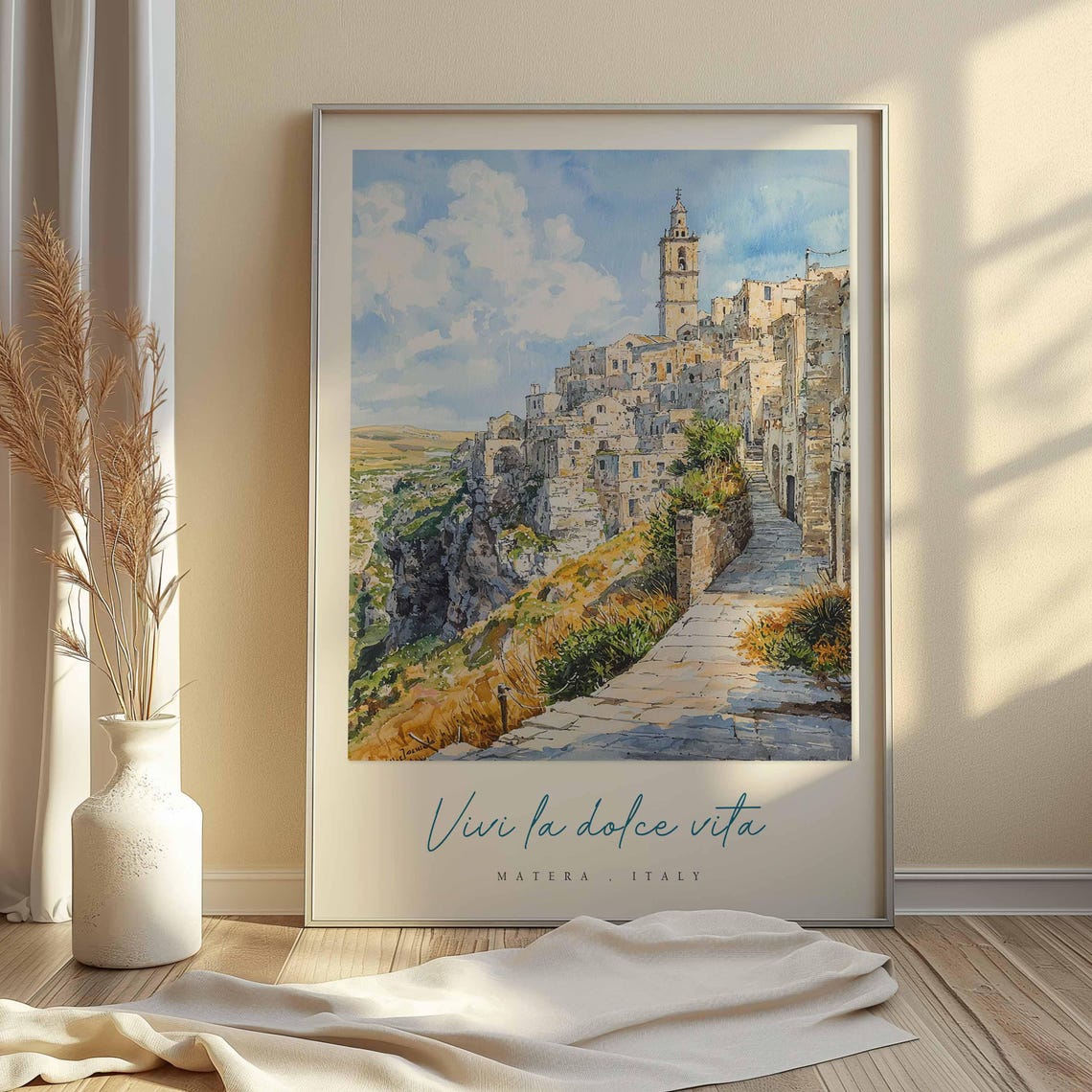 Matera Sassi Bell Tower Watercolor Stone Path Italy Travel Poster - Image 2