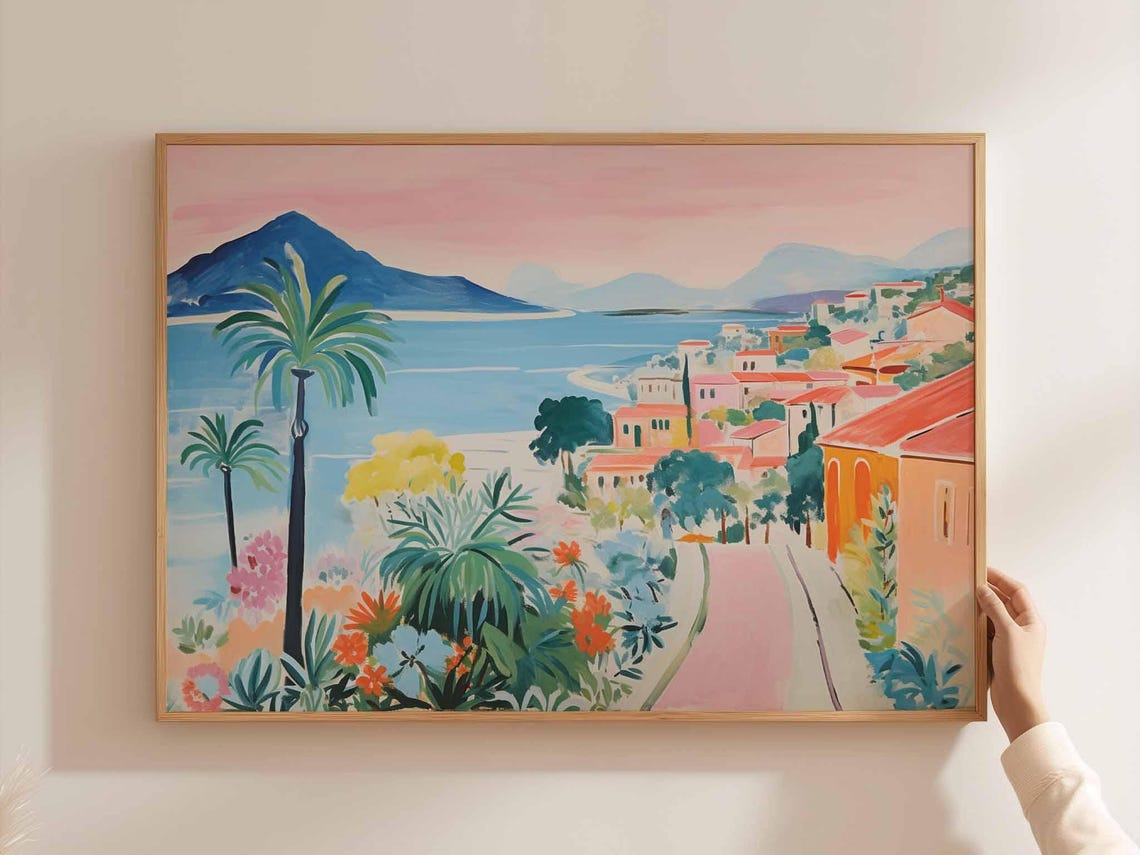 Tropical Coastal Town Palm Trees Pastel Sunset Painterly Poster