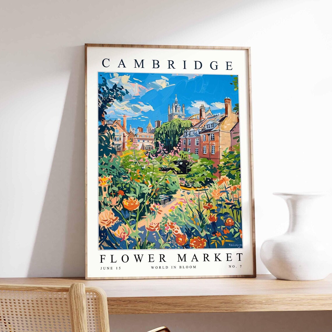 Cambridge Flower Market Poster of Historic Colleges Among Rose Gardens