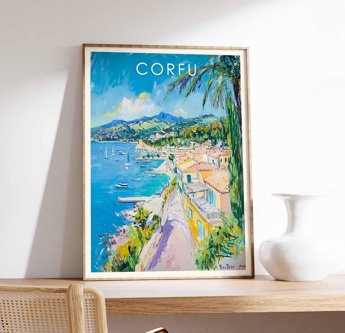 Corfu Greek Island Coastal Bay Sailboats Seaside Travel Art Poster