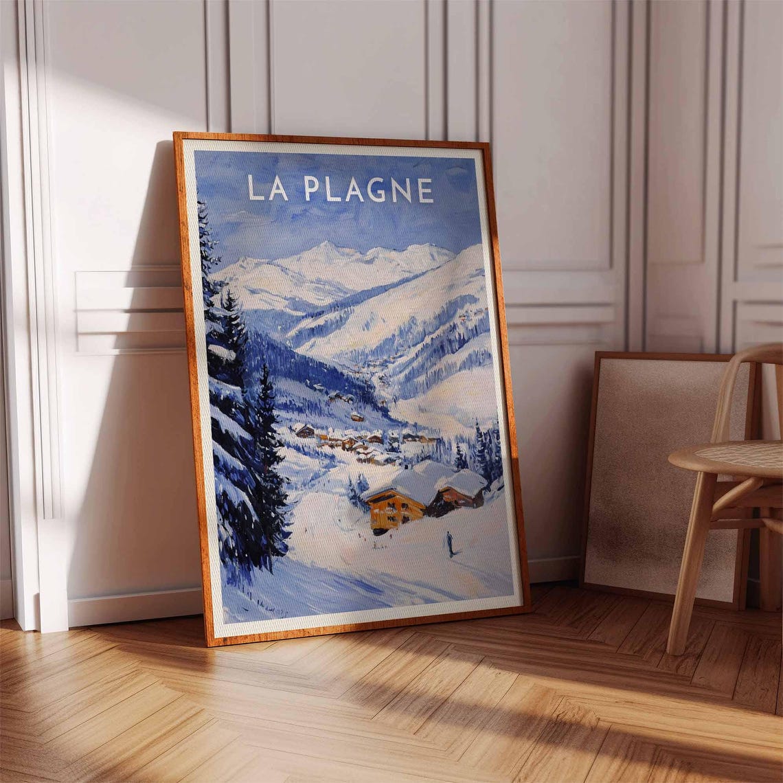 La Plagne Peaceful Slope Poster with Single Skier and Wooden Chalet - Image 2