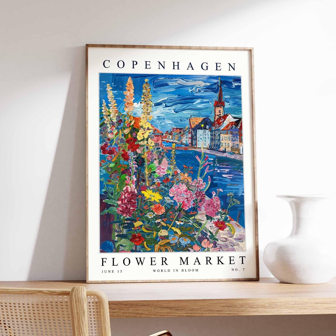 Copenhagen Flower Market River Town Red Spires Bloom Evening Poster