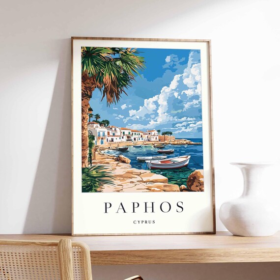 Paphos Cyprus Coastal Harbor With Boats Palm Travel Art Poster